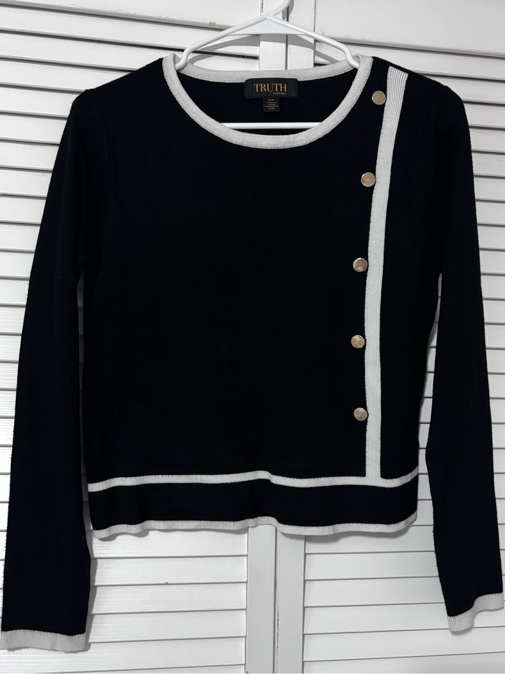 Truth by REPUBLIC Black Sweater with White Trim and Gold Buttons